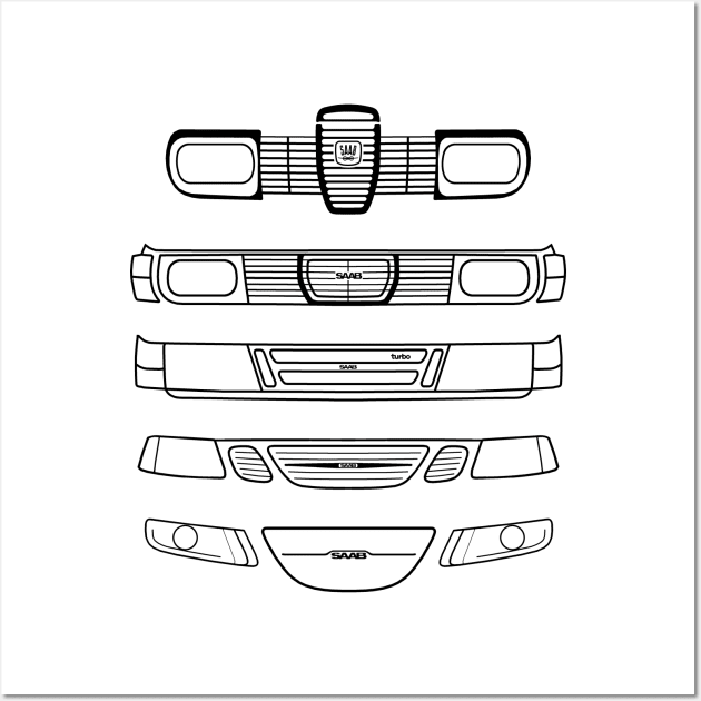 Saab evolution classic cars 1960s-2010s black outline graphic Wall Art by soitwouldseem